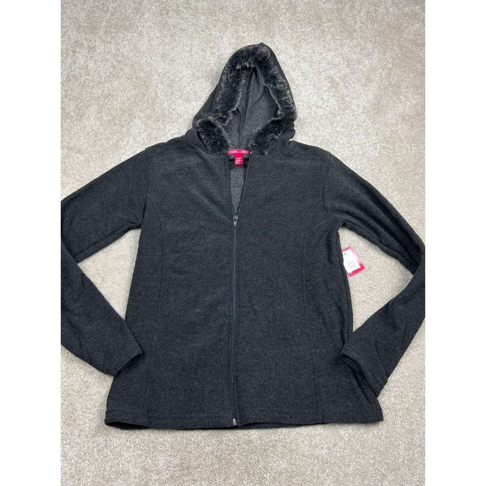 Mix & Co Women's Fleece Jacket M Gray Faux Fur Trim Hood Full Zip Winter